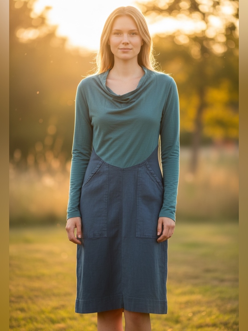 PRAIRE UNDERGROUND SHADES OF GREEN JERSEY COTTON COWL NECK MIDI DRESS GD COND M